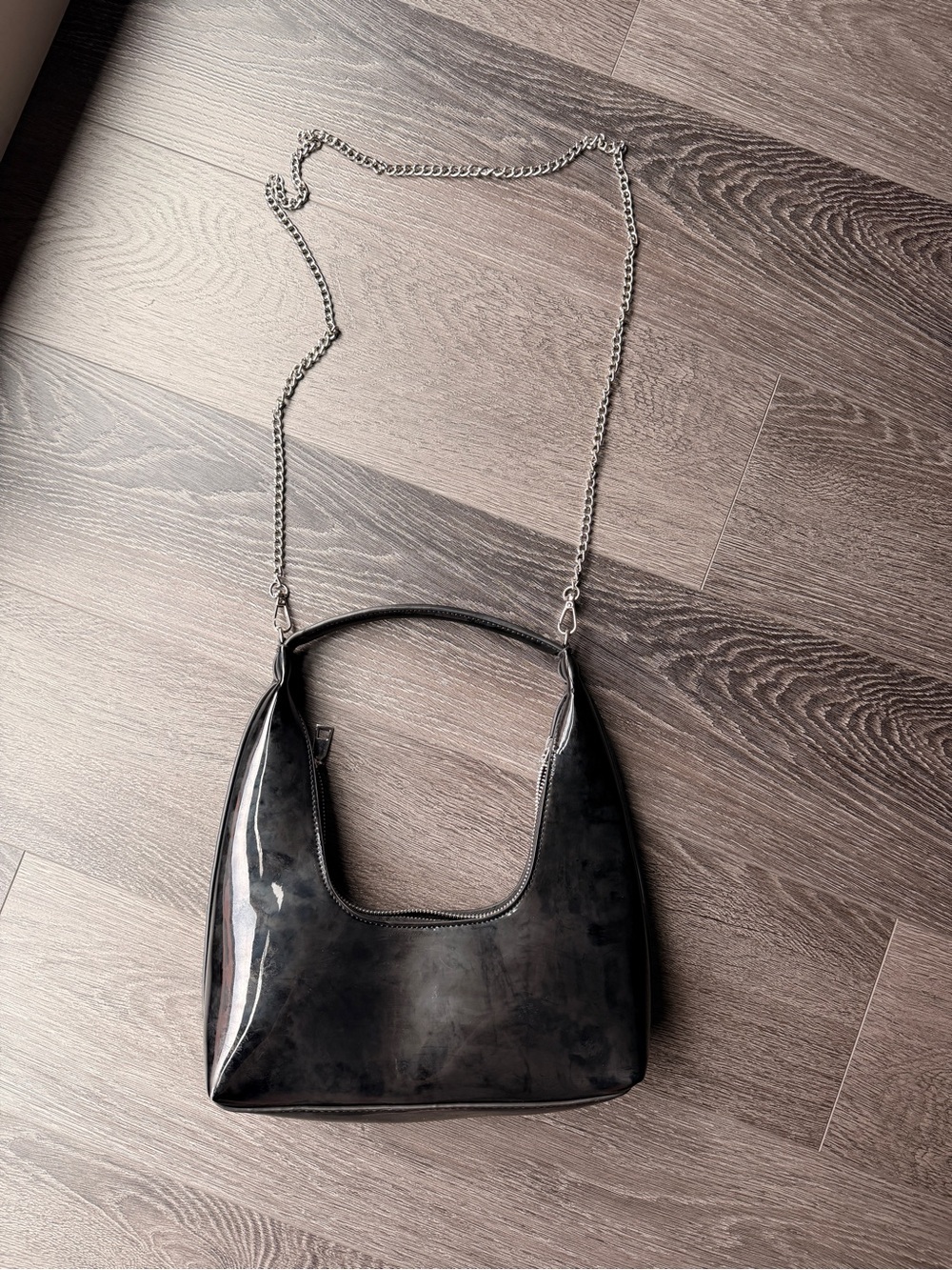 Fashion Nova Glossy Black Shoulder Bag with Silver Chain